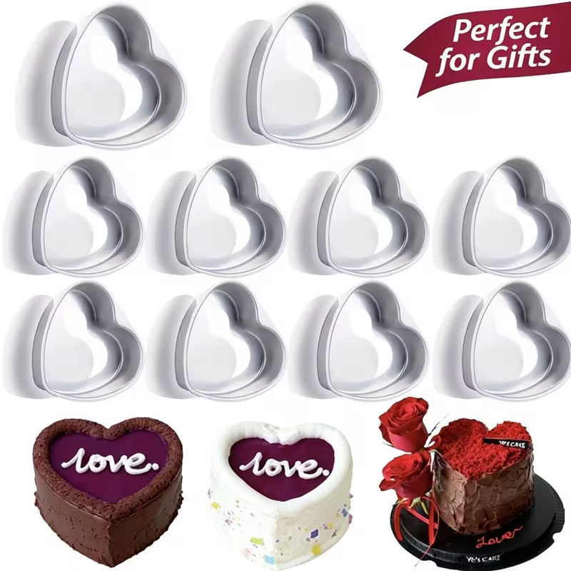 10-Piece 3-Inch Heart-Shaped Aluminum Cake Pan Set