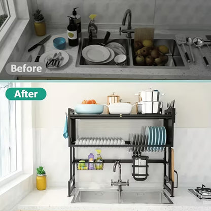 Black Over Sink Dish Drying Rack with Cover, Large Kitchen Dish Organizer with Cabinet Doors, Countertop Space Saver