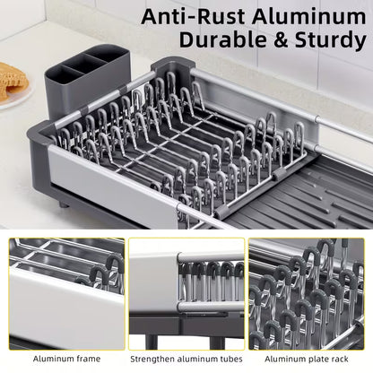 Expandable Foldable Dish Drying Rack with Cutlery Holder, Swivel Drain Spout & Adjustable Aluminum Frame
