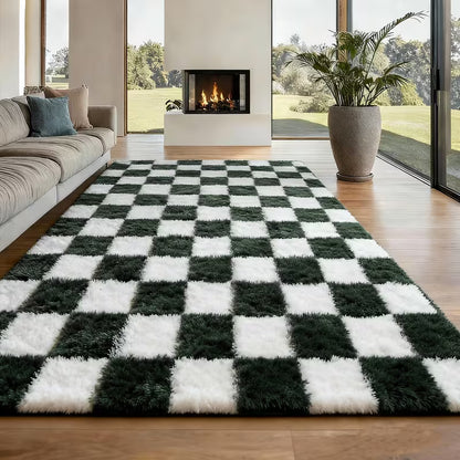 8 × 10 FT Green & White Checkered Shaggy Area Rug