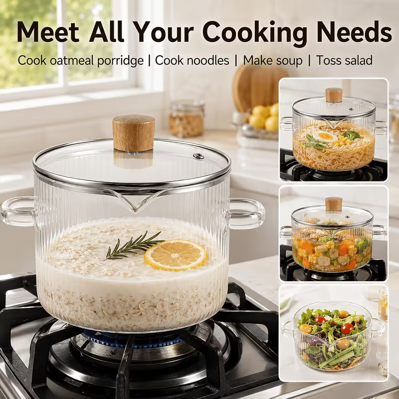 2-Piece Ribbed Borosilicate Glass Saucepan Set with Lids – Stovetop-Safe Cooking Pots