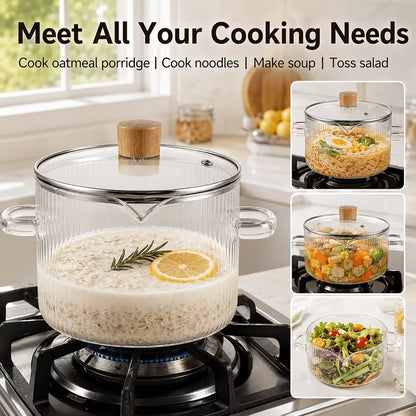 2-Piece Ribbed Borosilicate Glass Saucepan Set with Lids – Stovetop-Safe Cooking Pots