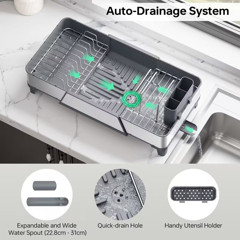 Adjustable Stainless Steel Dish Drying Rack with Utensil Holder & Pan Rack