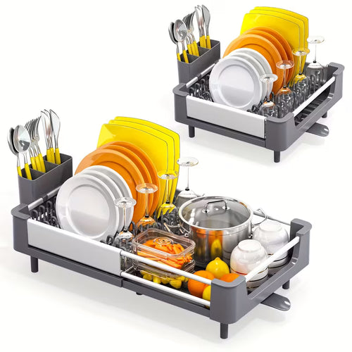 Expandable Foldable Dish Drying Rack with Cutlery Holder, Swivel Drain Spout & Adjustable Aluminum Frame