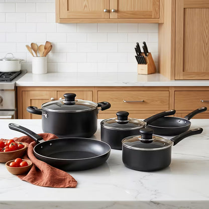 8-Piece Black Nonstick Cookware Set with Glass Lids