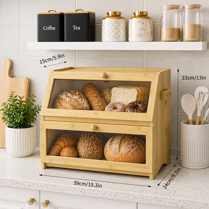 Large Bamboo Bread Box with Lid, Countertop Food Storage Organizer for Bread, Pastries & Baked Goods