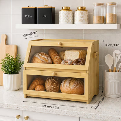 Large Bamboo Bread Box with Lid, Countertop Food Storage Organizer for Bread, Pastries & Baked Goods