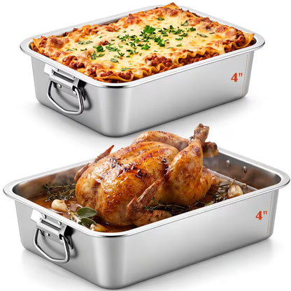 2-Piece Deep Stainless Steel Roasting Pan Set – Large Rectangular Oven Roaster with Handles