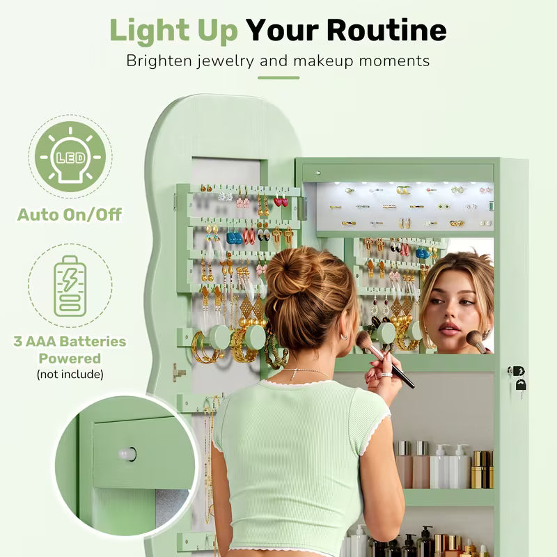Wavy Mirror Jewelry Cabinet with 6 LED Lights, Interior Makeup Mirror & Lockable Storage