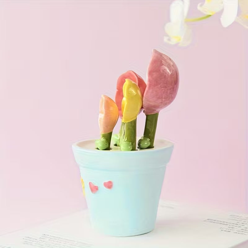 Flower-Shaped Ceramic Measuring Spoon Set with Holder