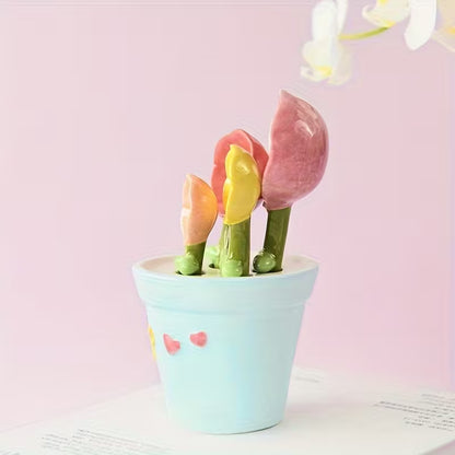 Flower-Shaped Ceramic Measuring Spoon Set with Holder
