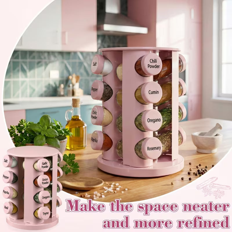 Pink 360° Rotating Spice Rack with 16 Glass Jars