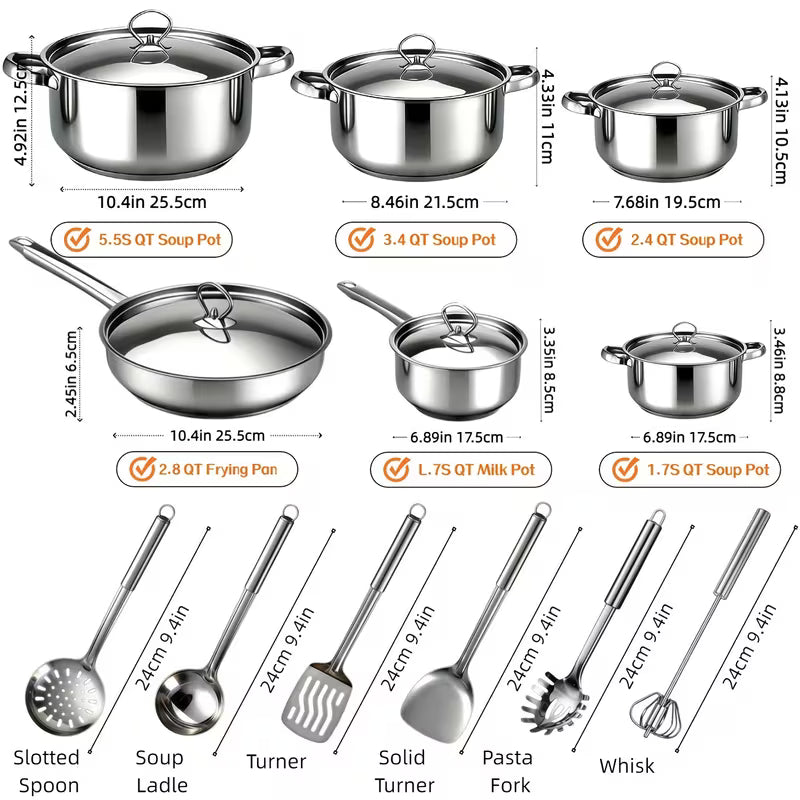 12-Piece Stainless Steel Cookware Set with Lids & Utensils – Induction Compatible Kitchen Pots and Pans