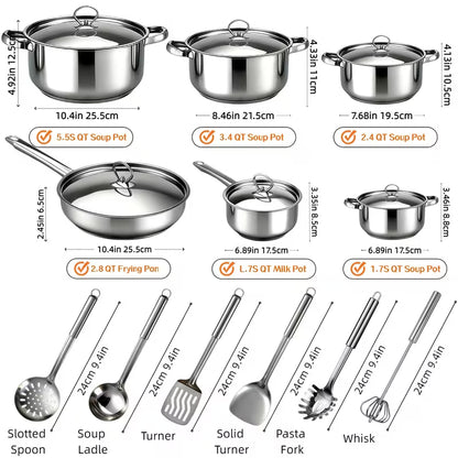 12-Piece Stainless Steel Cookware Set with Lids & Utensils – Induction Compatible Kitchen Pots and Pans