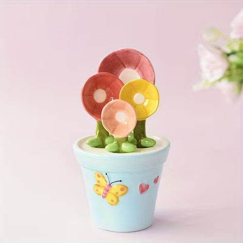 Flower-Shaped Ceramic Measuring Spoon Set with Holder