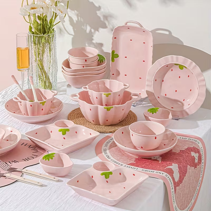 Pink Strawberry Ceramic Dinnerware Set