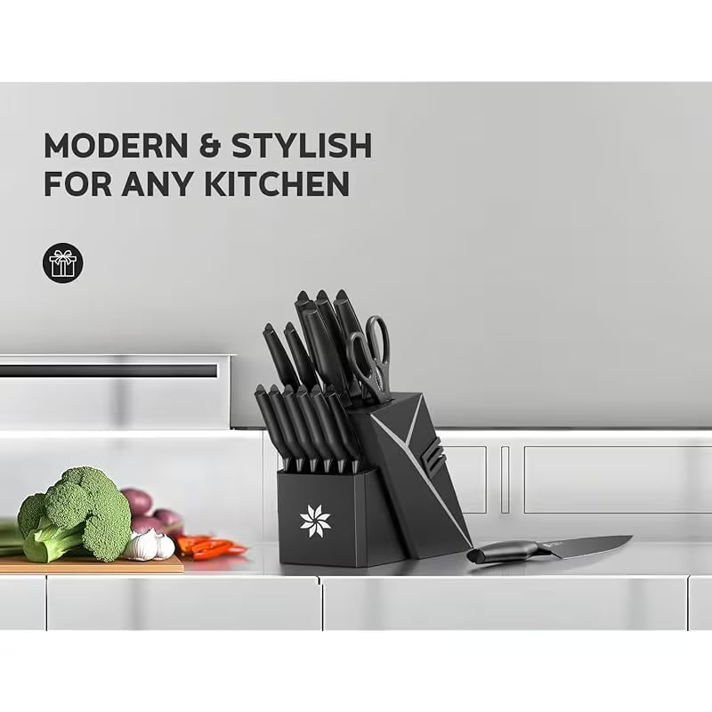 15-Piece Stainless Steel Kitchen Knife Set with Knife Block & Built-In Sharpener