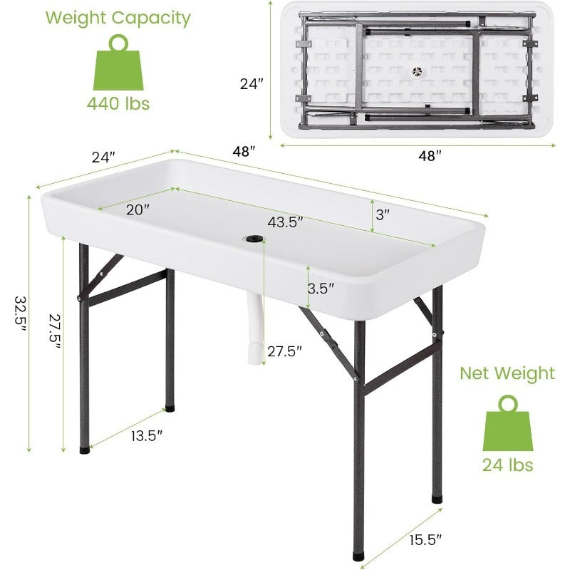 4ft Folding Ice Table with Drain Portable Cooler Table Party Fill & Chill White