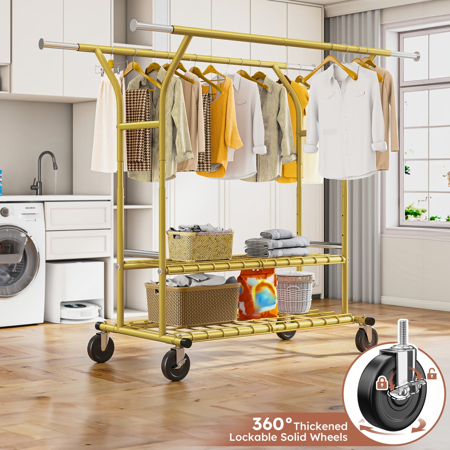 Raybee 74" Heavy Duty Clothes Rack w/ Wheels, Double Rod Adjustable Garment Rack 630LB
