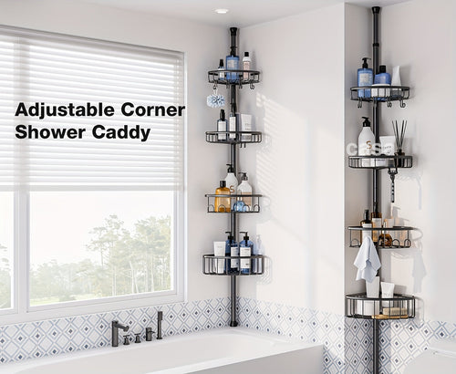 4-Tier Corner Shower Organizer Telescopic Pole Rustproof Bathroom Storage Black