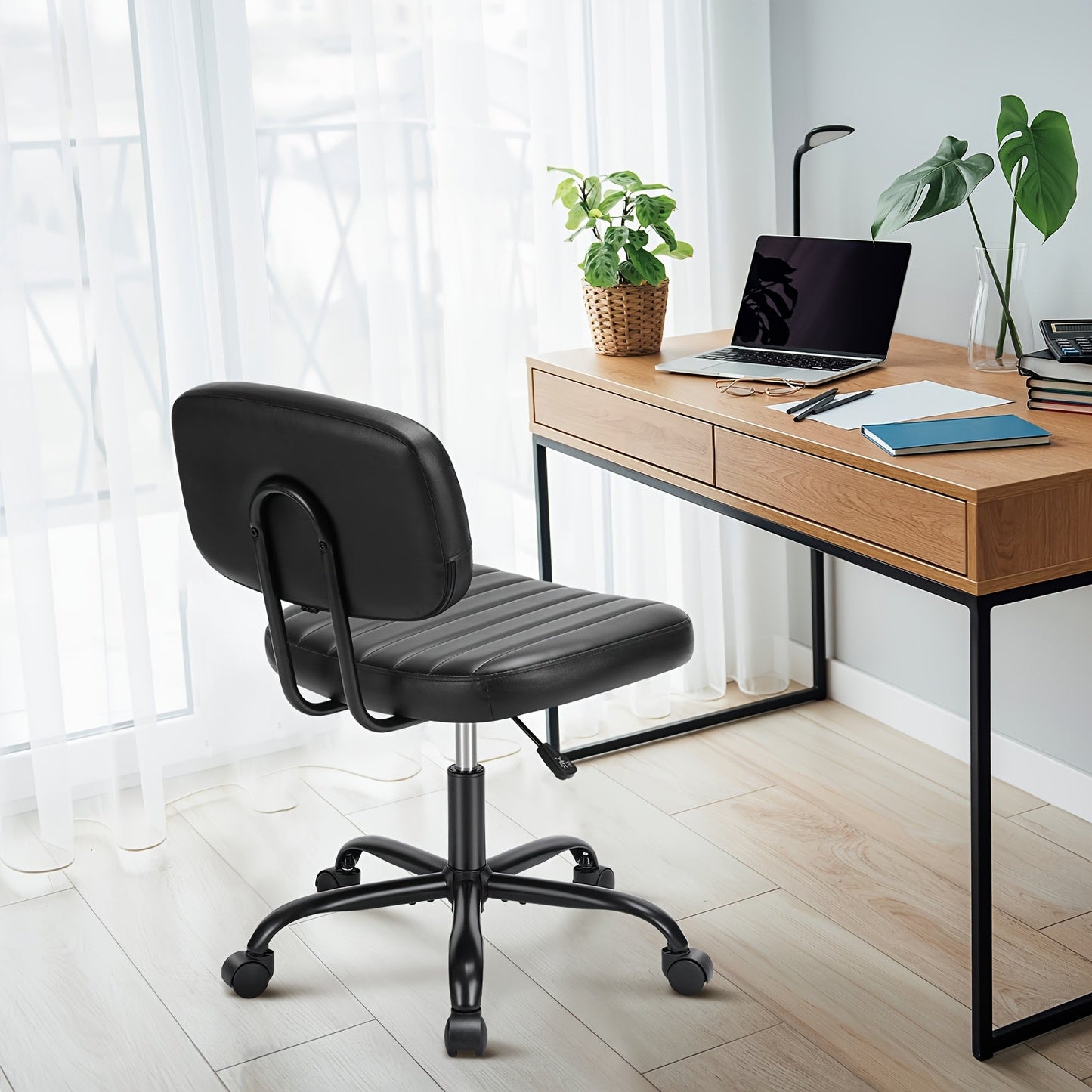 Armless Office Chair PU Leather Rolling Desk Chair Task Vanity Chair Wheels