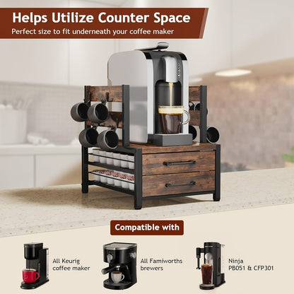 2 Tier Coffee Pod Holder Drawer & Mug Stand K Cup Capsule Storage Organizer Rack
