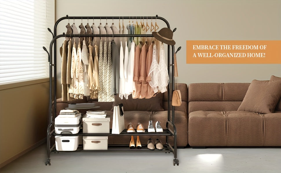 Heavy Duty Double Rod Clothes Rack w/ Wheels Shelves Hooks Garment Rack