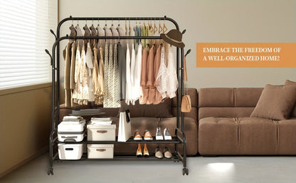 Heavy Duty Double Rod Clothes Rack w/ Wheels Shelves Hooks Garment Rack