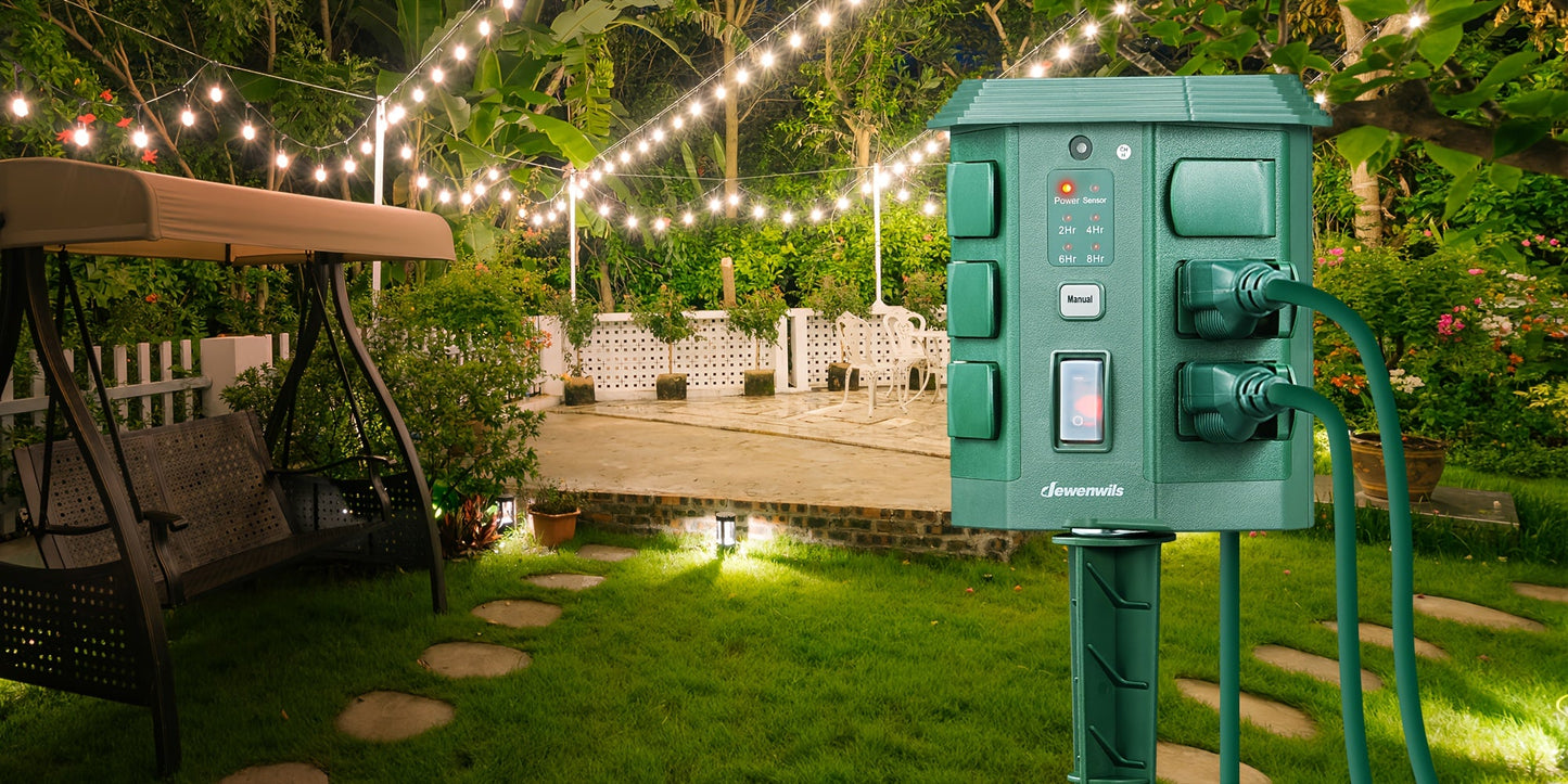 Outdoor Power Stake Timer w/ Remote, 6FT Cord, 6 Outlets, Dusk to Dawn Light Timer