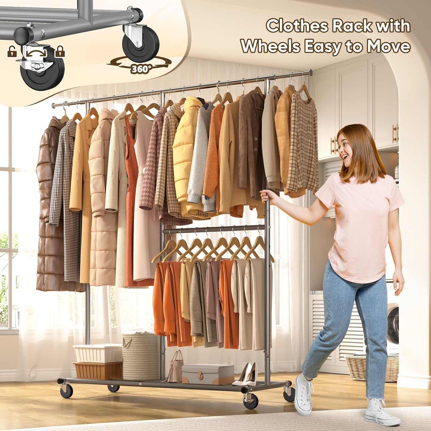 Raybee 74" Heavy Duty Clothes Rack Double Rod Garment Rack 630LBS w/Wheels