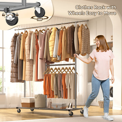 Raybee 74" Heavy Duty Clothes Rack Double Rod Garment Rack 630LBS w/Wheels