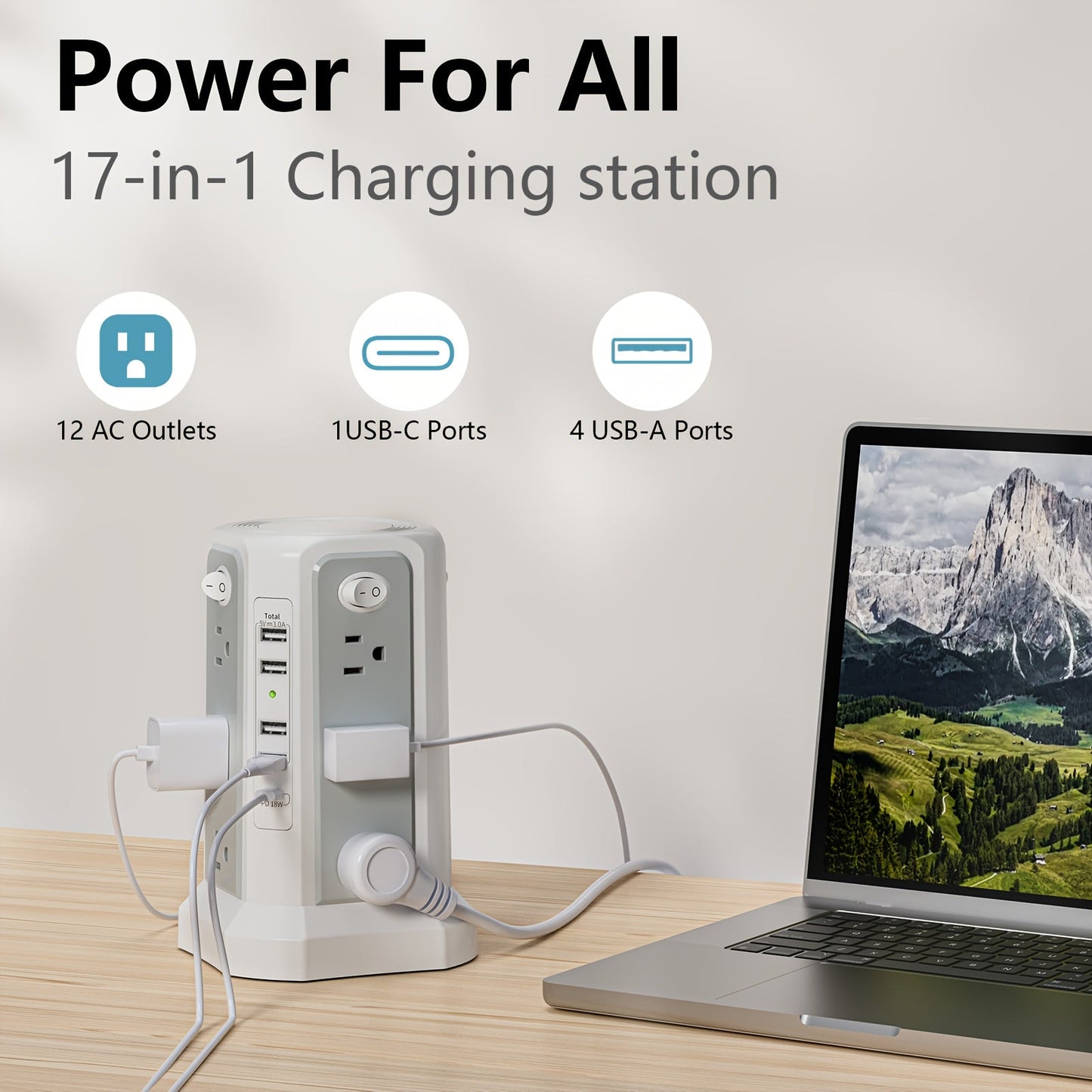 Power Strip Tower Surge Protector 12 AC Outlets 5 USB Ports 8.8ft Cord Gray