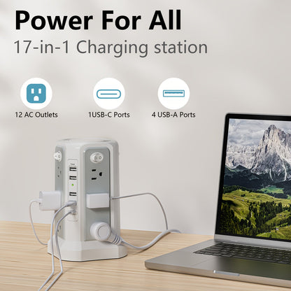 Power Strip Tower Surge Protector 12 AC Outlets 5 USB Ports 8.8ft Cord Gray