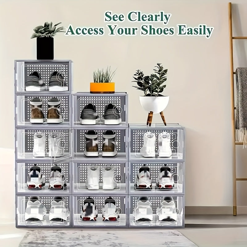 6/12/24PCS Clear Shoe Storage Boxes Stackable Foldable Sneaker Organizer Bin