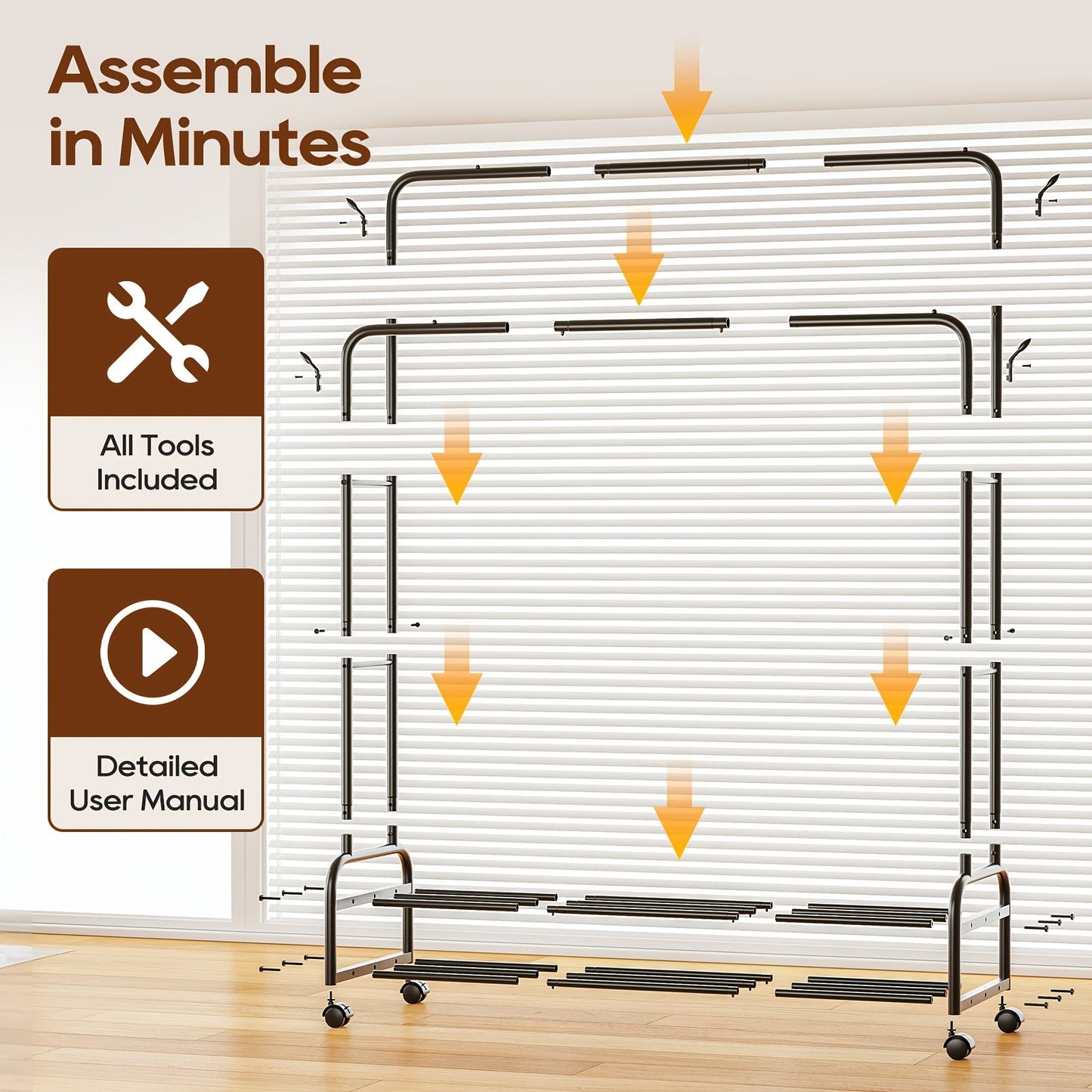 Heavy Duty Double Rod Clothes Rack w/ Wheels Shelves Hooks Garment Rack