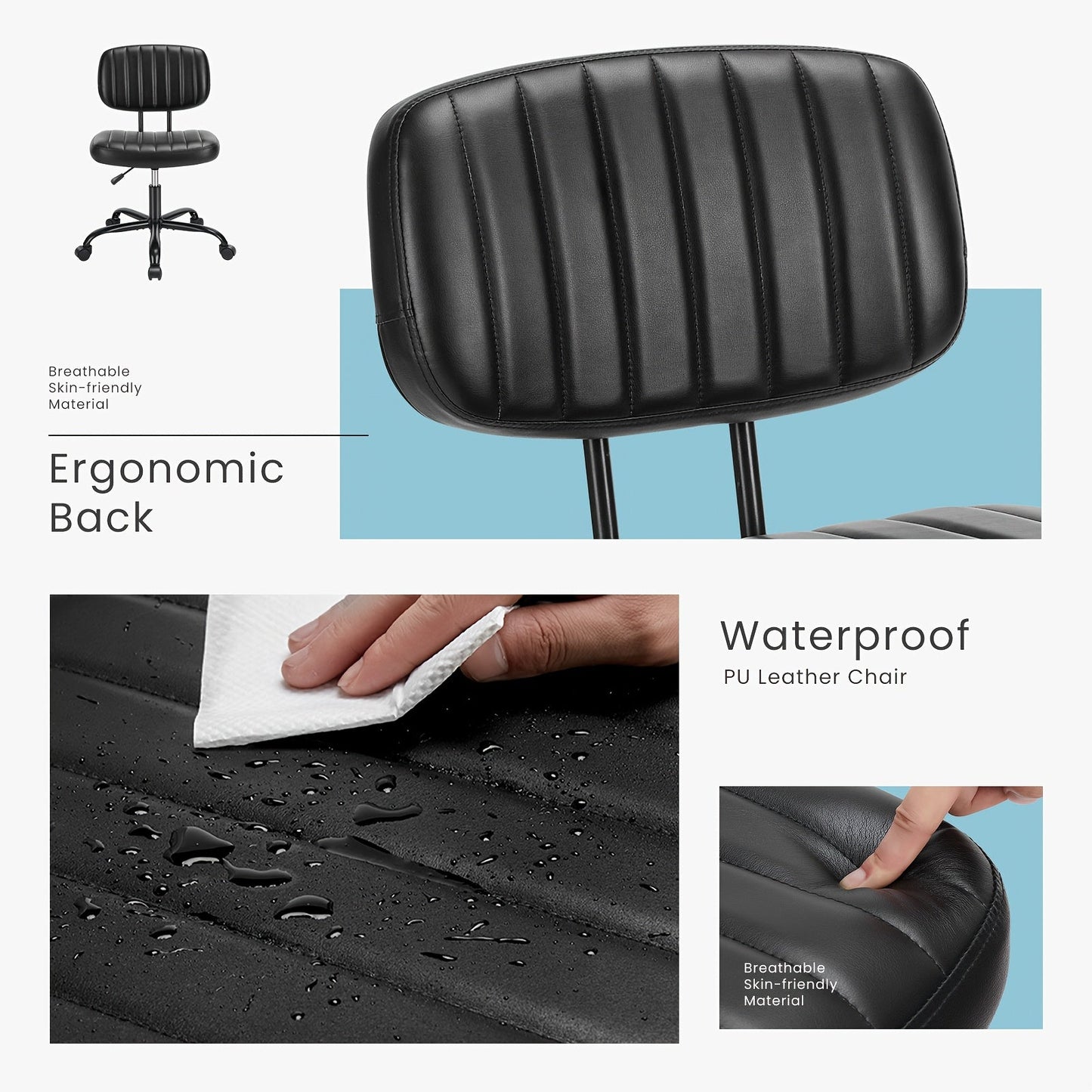 Armless Office Chair PU Leather Rolling Desk Chair Task Vanity Chair Wheels