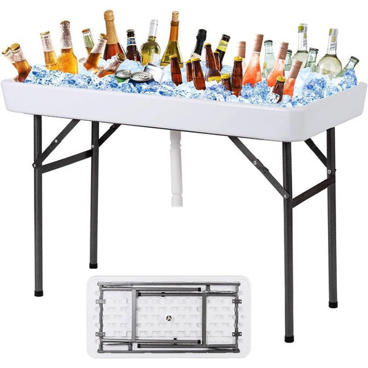4ft Folding Ice Table with Drain Portable Cooler Table Party Fill & Chill White