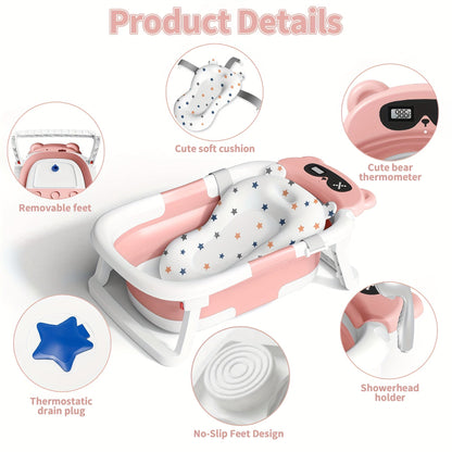 Foldable Baby Bathtub with Thermometer Soft Cushion Portable Baby Bath Tub