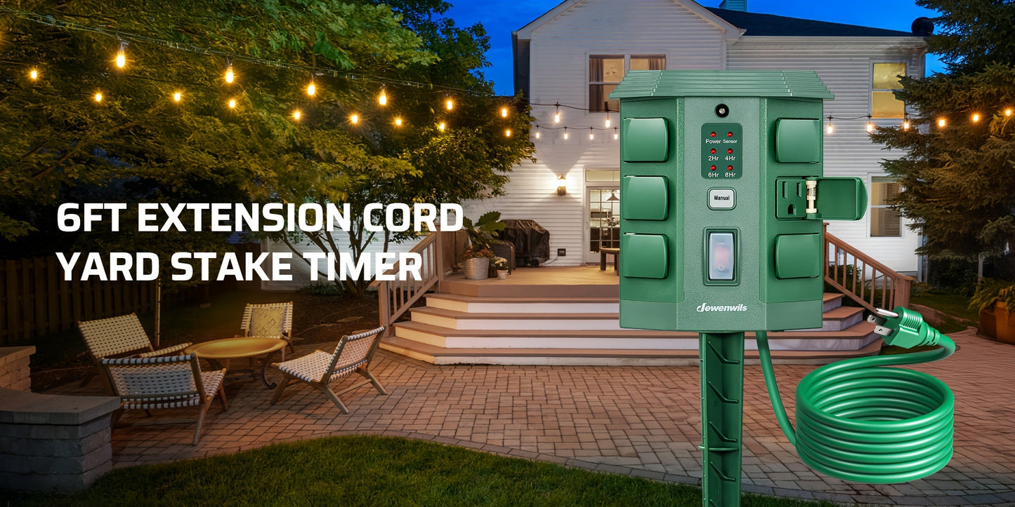 Outdoor Power Stake Timer w/ Remote, 6FT Cord, 6 Outlets, Dusk to Dawn Light Timer