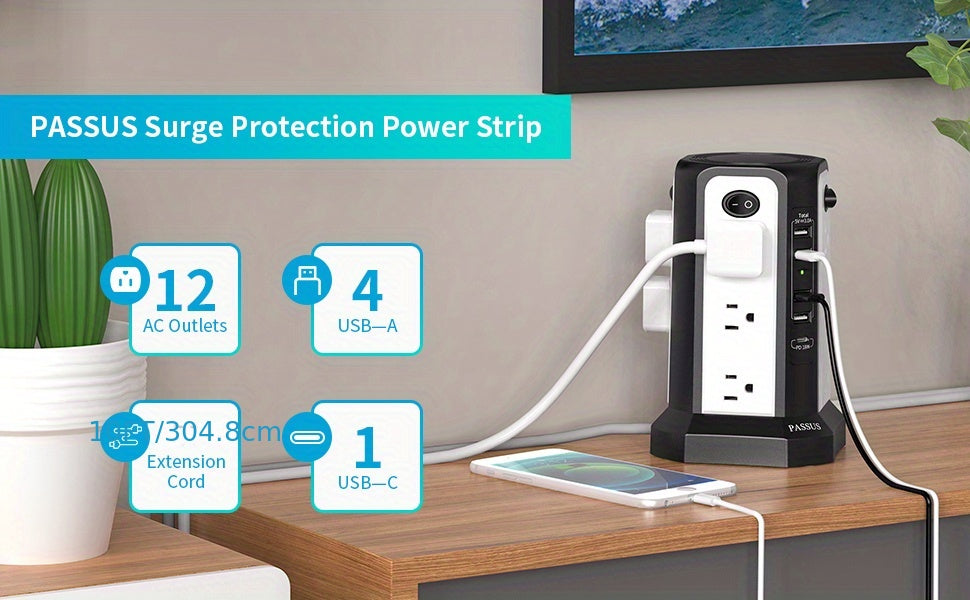 Power Strip Tower Surge Protector 12 AC Outlets 5 USB Ports 8.8ft Cord Gray