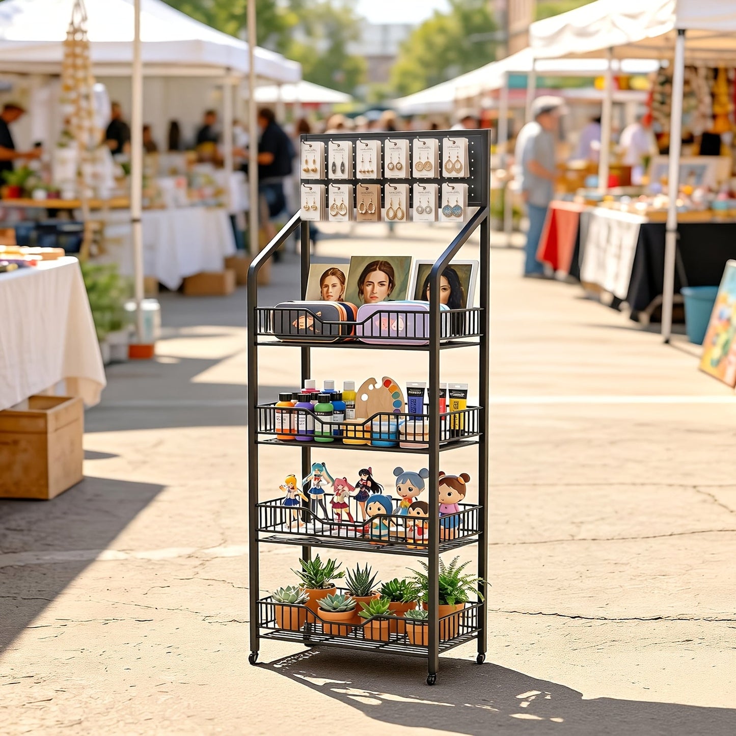 3/4/5 Tier Retail Display Rack Metal Snack Display Stand w/ Hooks & Wheels