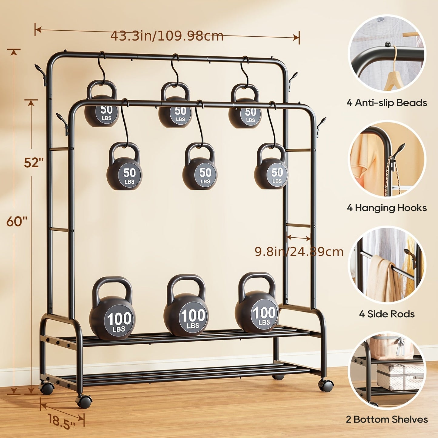 Heavy Duty Double Rod Clothes Rack w/ Wheels Shelves Hooks Garment Rack