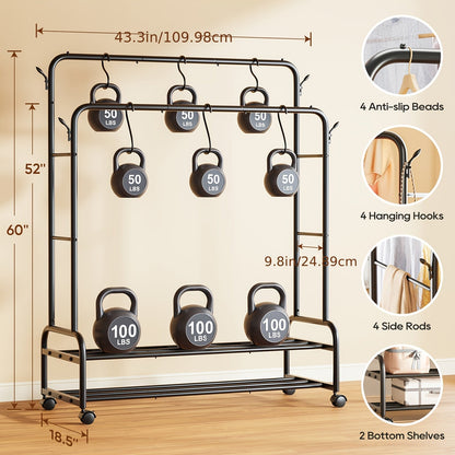 Heavy Duty Double Rod Clothes Rack w/ Wheels Shelves Hooks Garment Rack