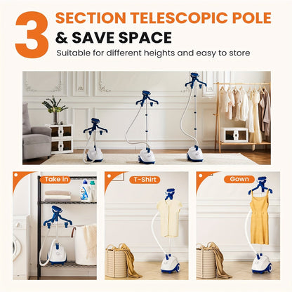 1500W Garment Steamer Standing Clothes Steamer 1.8L Tank 60Min Continuous Steam
