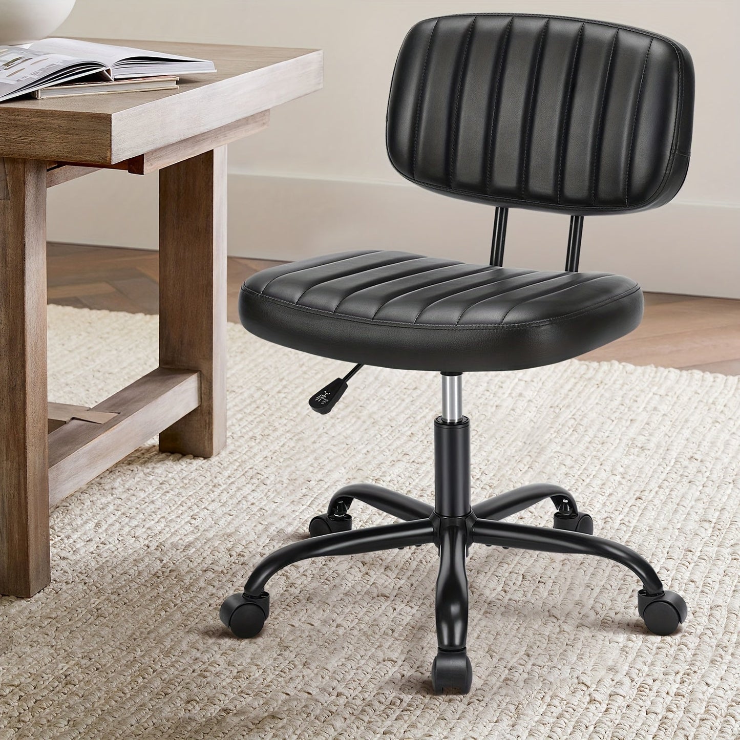 Armless Office Chair PU Leather Rolling Desk Chair Task Vanity Chair Wheels