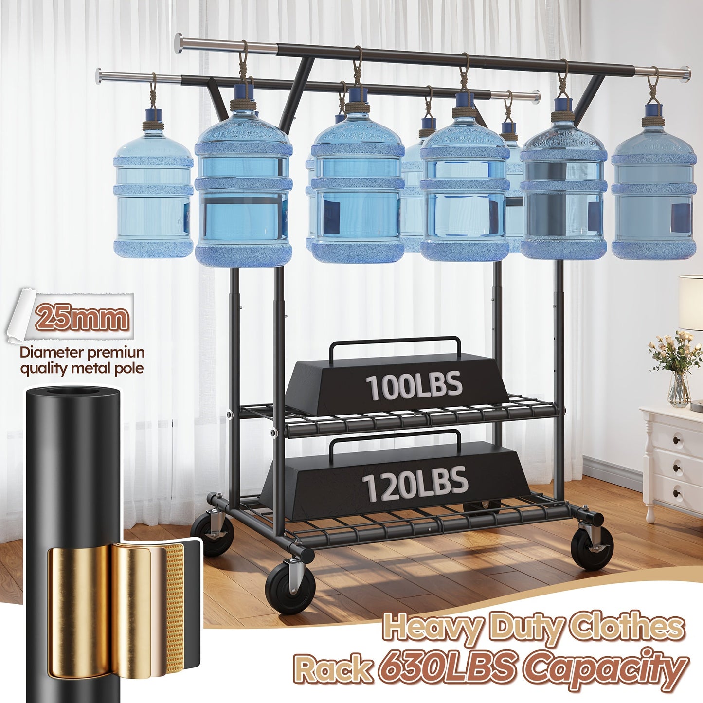 Raybee 74" Heavy Duty Clothes Rack w/ Wheels, Double Rod Adjustable Garment Rack 630LB