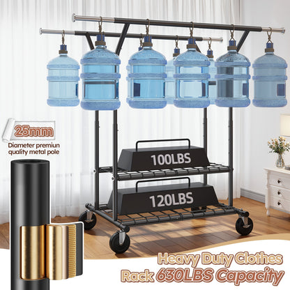 Raybee 74" Heavy Duty Clothes Rack w/ Wheels, Double Rod Adjustable Garment Rack 630LB