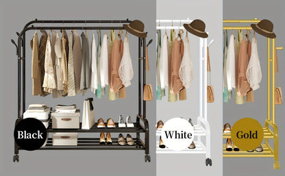 Heavy Duty Double Rod Clothes Rack w/ Wheels Shelves Hooks Garment Rack