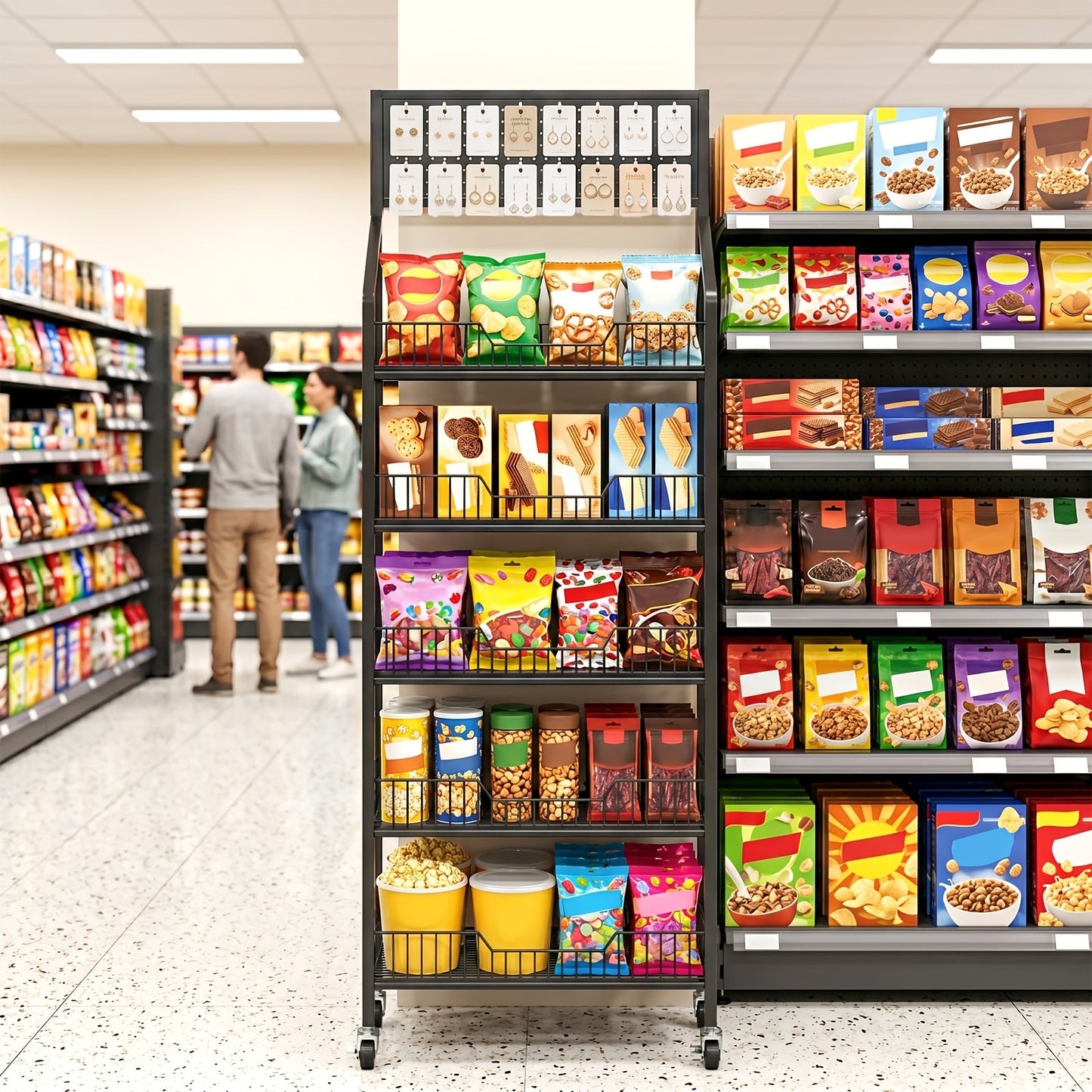3/4/5 Tier Retail Display Rack Metal Snack Display Stand w/ Hooks & Wheels