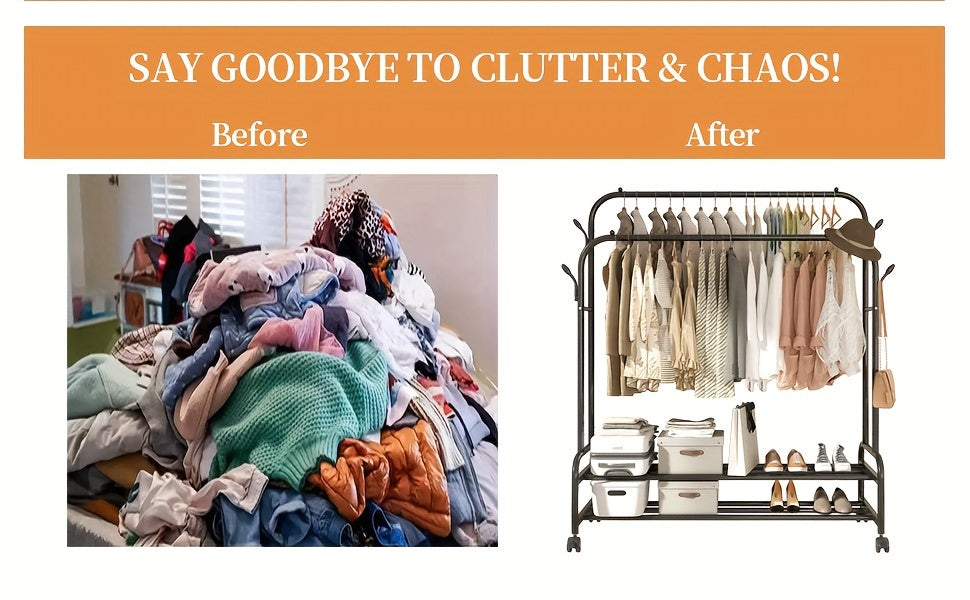 Heavy Duty Double Rod Clothes Rack w/ Wheels Shelves Hooks Garment Rack